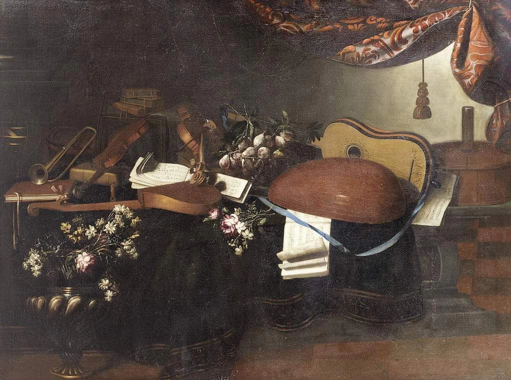 Natura morta con strumenti musicali, fiori e frutta